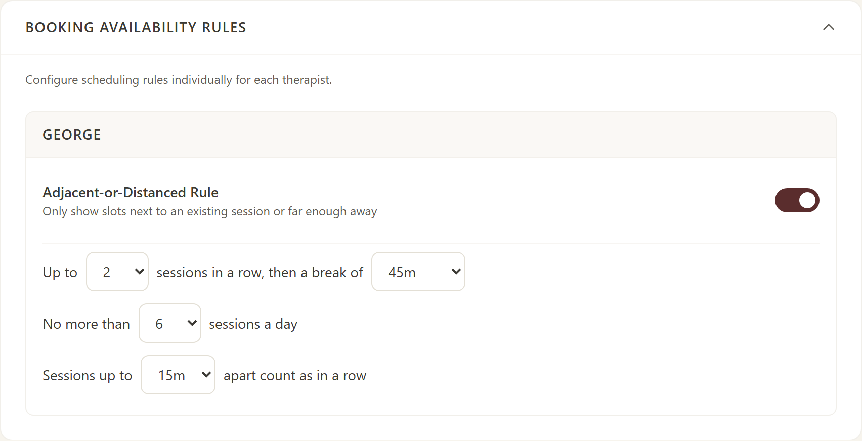 Anataxis settings: Adjacent-or-Distanced rule switched on; up to 2 sessions in a row, then a break of 45 minutes; no more than 6 sessions a day.